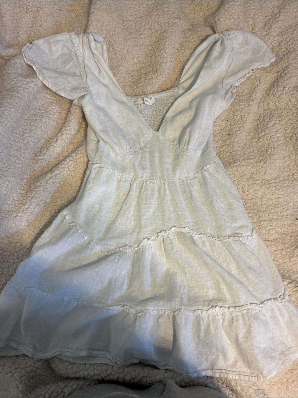 Altar'd State White Ruffled V‑Neck Tiered Mini Dress